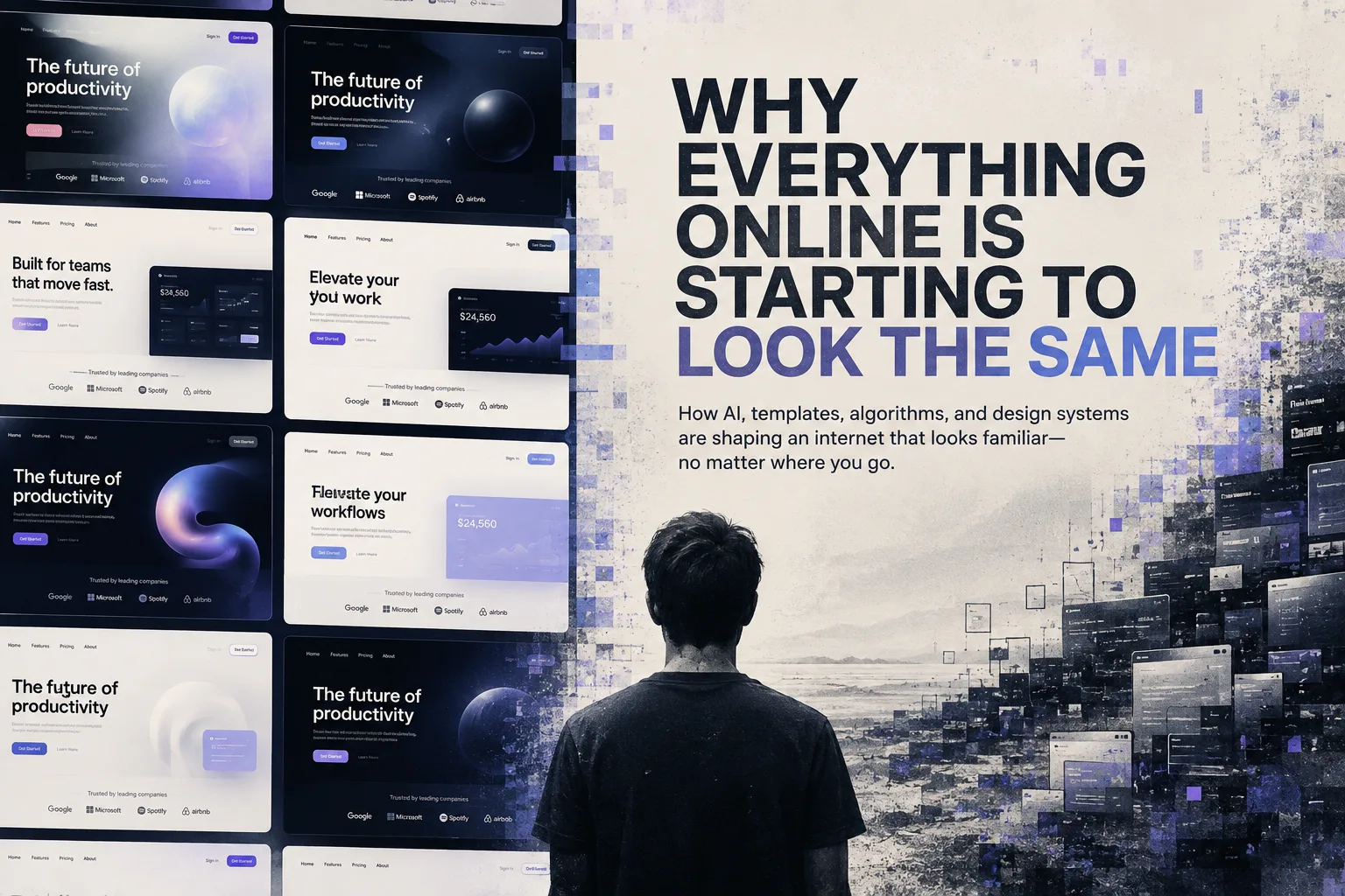 Editorial illustration showing repeated website layouts and interface designs to represent visual sameness across the modern internet.